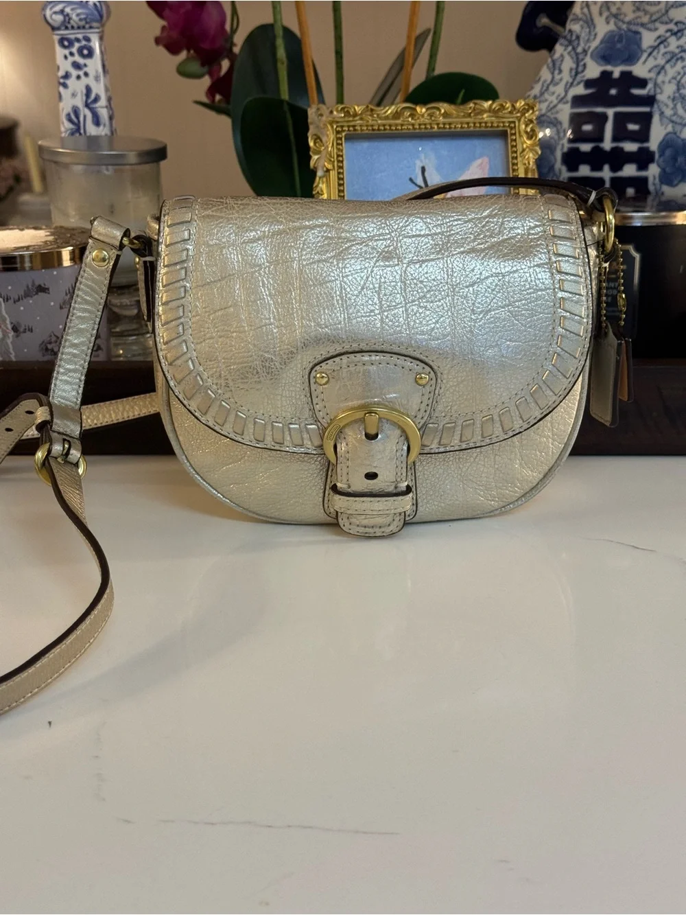 💛 COACH POPPY METALLIC LEATHER WHIPSTITCH CROSSBODY BAG!
